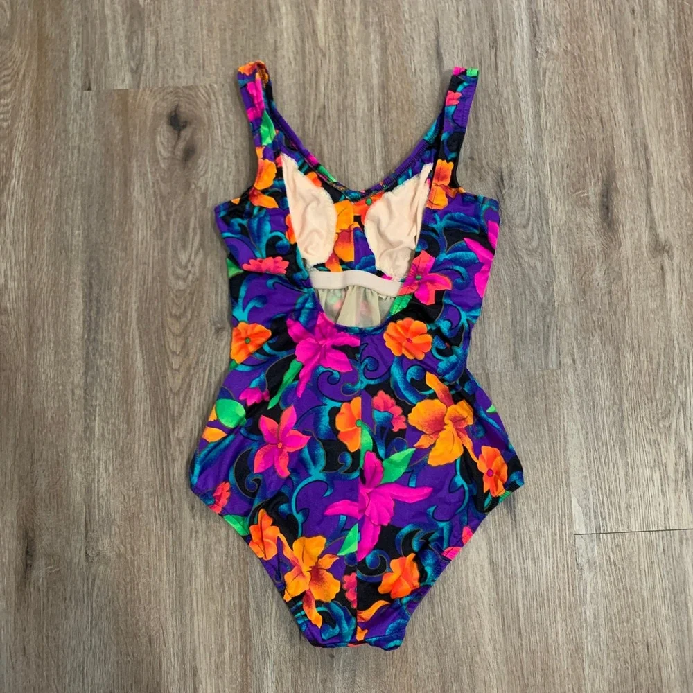 Vintage 80s Maxine of Hollywood floral one piece bathing suit - size 14 - USA